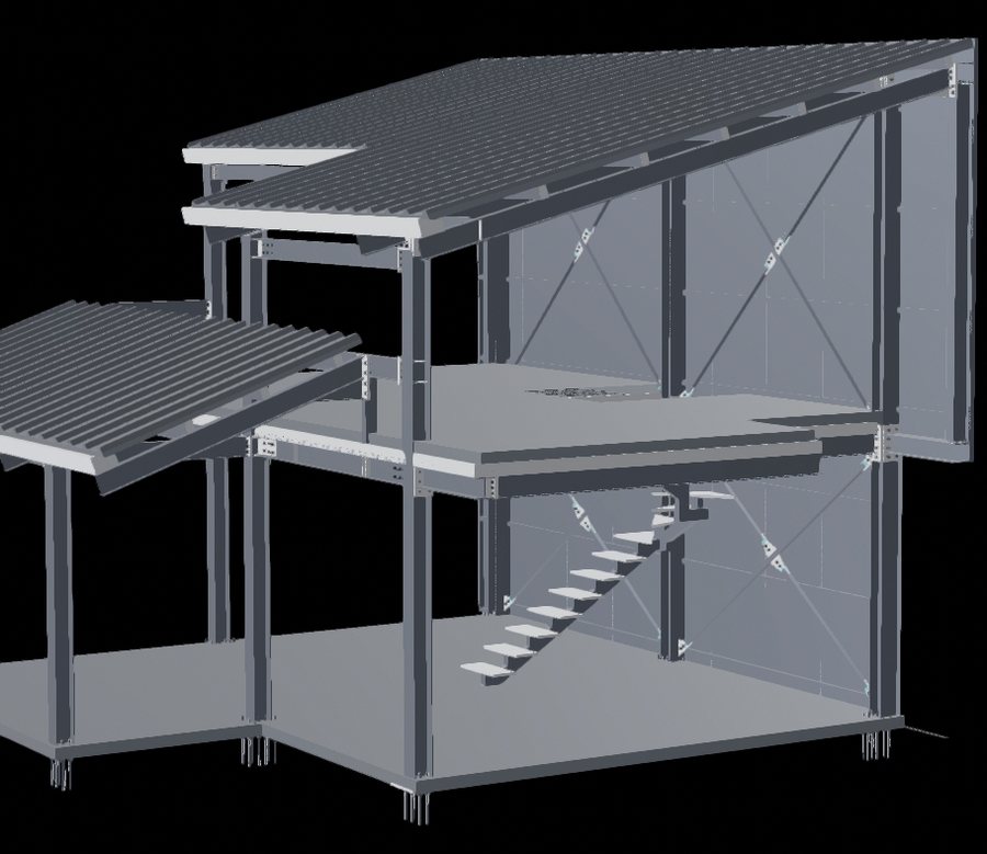 A whole steel building in 3D on the phone: columns, beams, roofs, bracing and stair